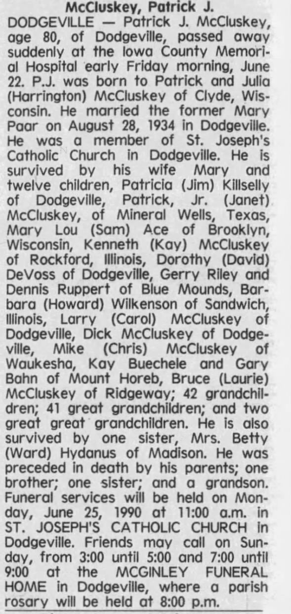Obituary for Patrick J. McCluskey (Aged 80)